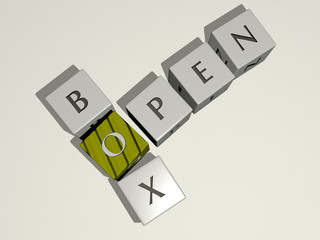 OPEN BOX crossword by cubic dice letters, 3D illustration