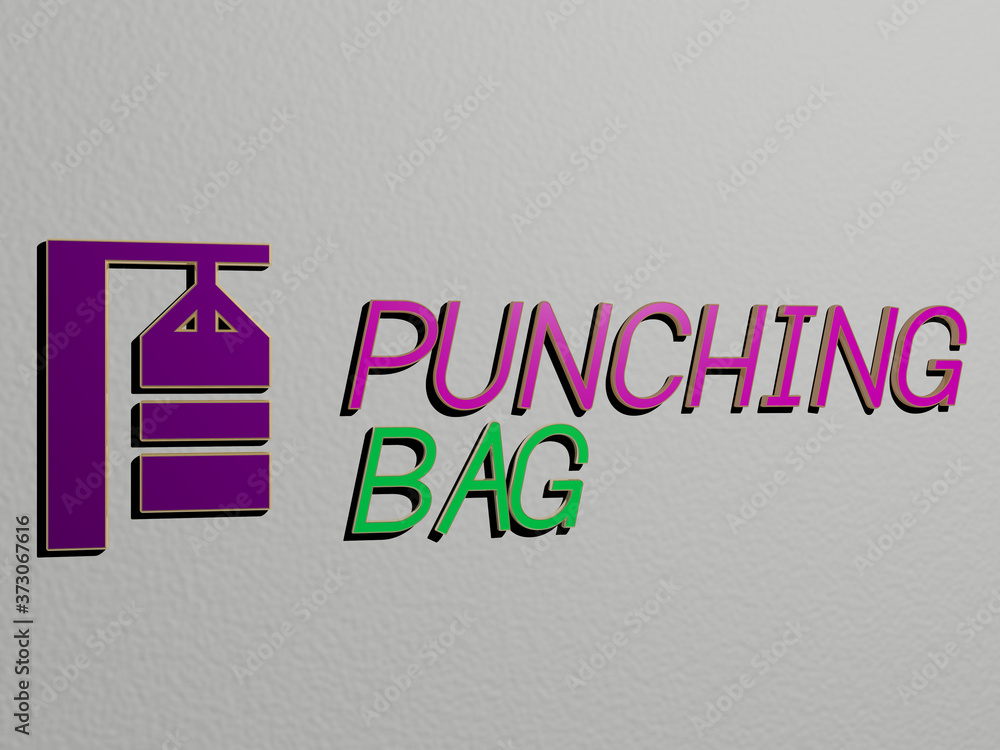Poster 3d illustration of punching bag graphics and text made by metallic dice letters for the related mean