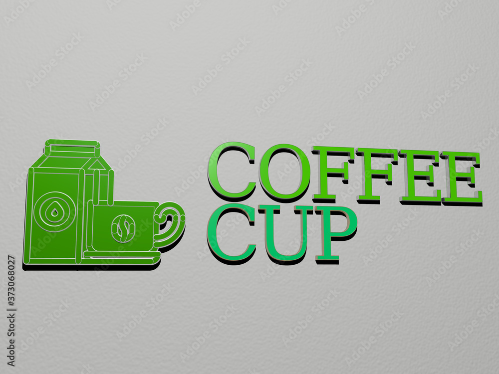 Poster 3d graphical image of coffee cup vertically along with text built by metallic cubic letters from the