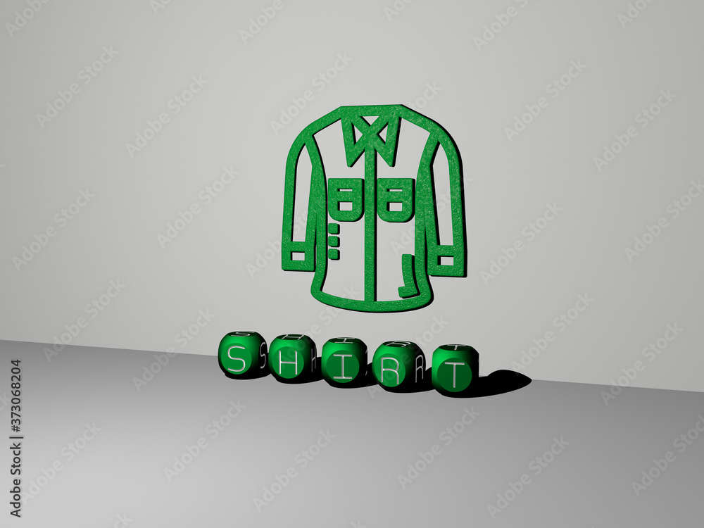 Aufkleber 3d representation of shirt with icon on the wall and text arranged by metallic cubic letters on a mi