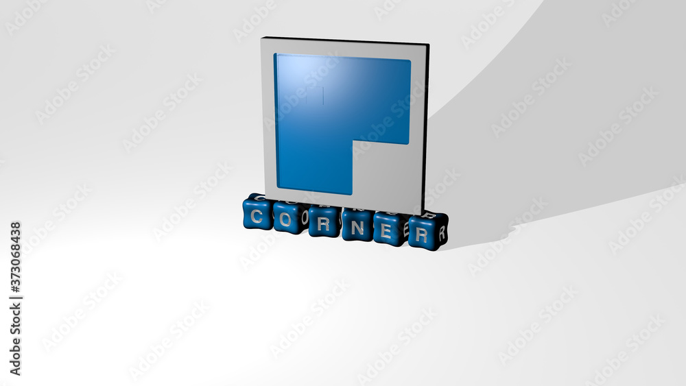 Poster 3d graphical image of corner vertically along with text built by metallic cubic letters from the top
