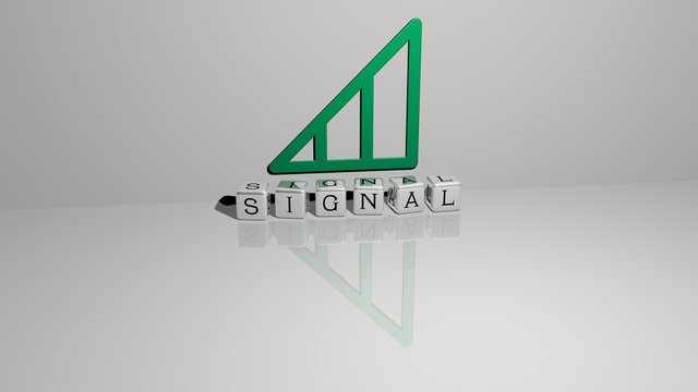 SIGNAL text of cubic dice letters on the floor and 3D icon on the wall, 3D illustration