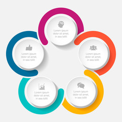 Vector infographic template, circle with 5 steps or options. Data presentation, business concept design for web, brochure, diagram.