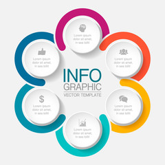 Vector infographic template, circle with 6 steps or options. Data presentation, business concept design for web, brochure, diagram.