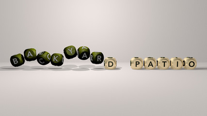 backyard patio dancing cubic letters, 3D illustration