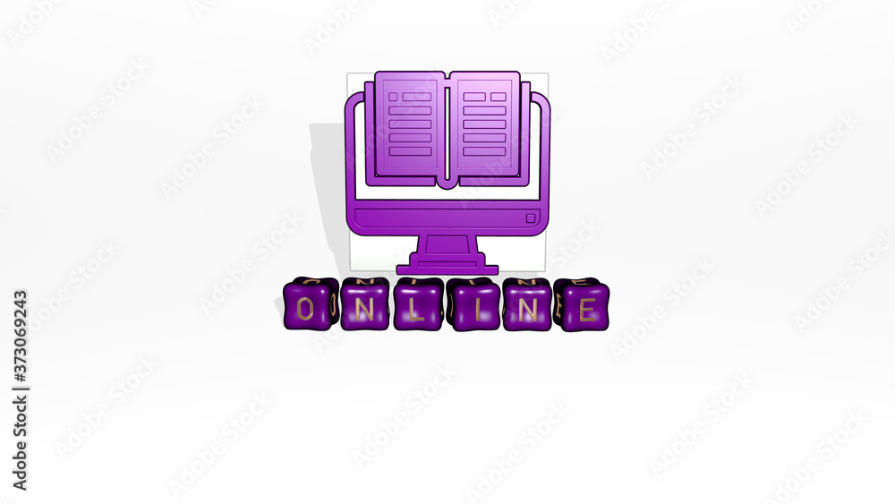 Poster 3d representation of online with icon on the wall and text arranged by metallic cubic letters on a m