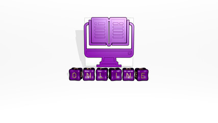 Obraz premium 3D representation of online with icon on the wall and text arranged by metallic cubic letters on a mirror floor for concept meaning and slideshow presentation, 3D illustration