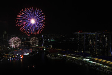 In-focus fireworks against a dark sky in Singapore with no visible smoke
