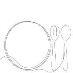 Fork, spoon and plate silhouette line drawing. Vector illustration