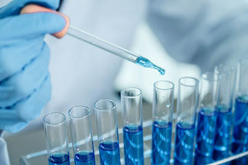 Scientists hold the pipette and drop the blue chemical liquid for research and analysis in a laboratory