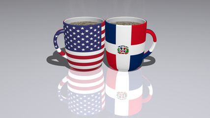 Relationship of UNITED STATES OF AMERICA DOMINICAN REPUBLIC presented by their national flags on cups of tea or coffee as editorial or commercial picture, 3D illustration