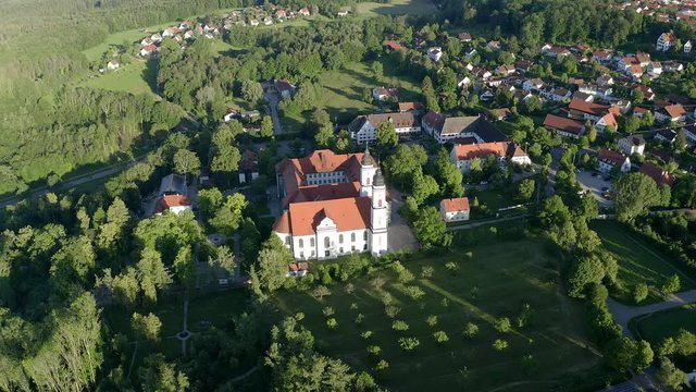 Aerial view flight at Benedictine monastery in Irsee, Diocese of Augsburg, Bavaria, Germany,