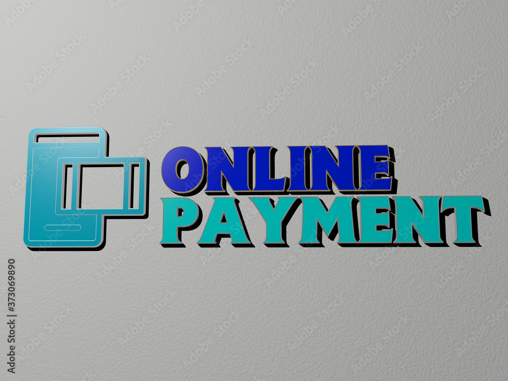 Poster 3d graphical image of online payment vertically along with text built by metallic cubic letters from