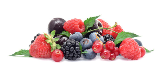 Obraz na płótnie Canvas Summer frish berries in assortment strawberries, blueberries, cherry, curant, raspberries isolated on white