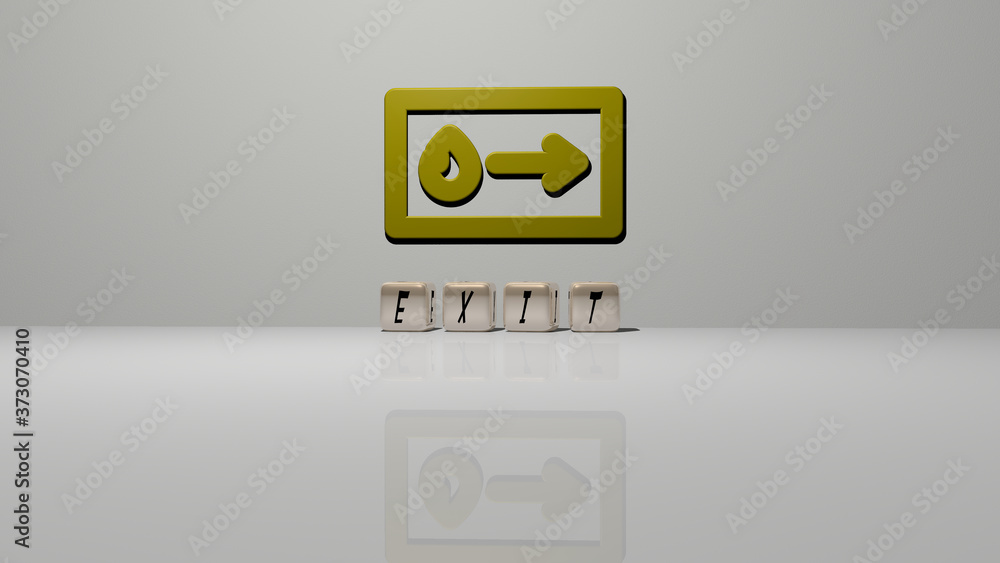 Aufkleber exit text of cubic dice letters on the floor and 3d icon on the wall, 3d illustration