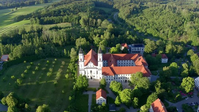 Aerial view flight at Benedictine monastery in Irsee, Diocese of Augsburg, Bavaria, Germany,