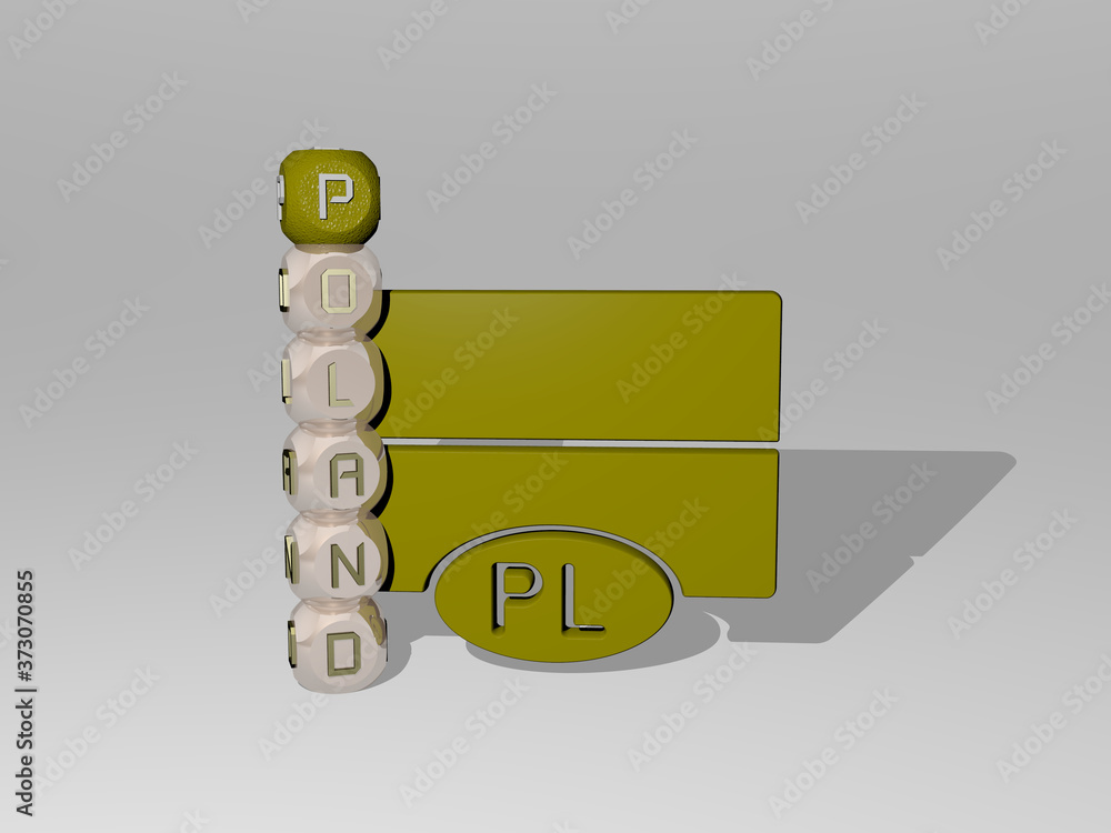 Poster 3d illustration of poland graphics and text around the icon made by metallic dice letters for the re