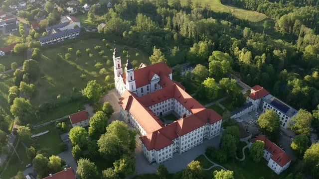 Aerial view flight at Benedictine monastery in Irsee, Diocese of Augsburg, Bavaria, Germany,