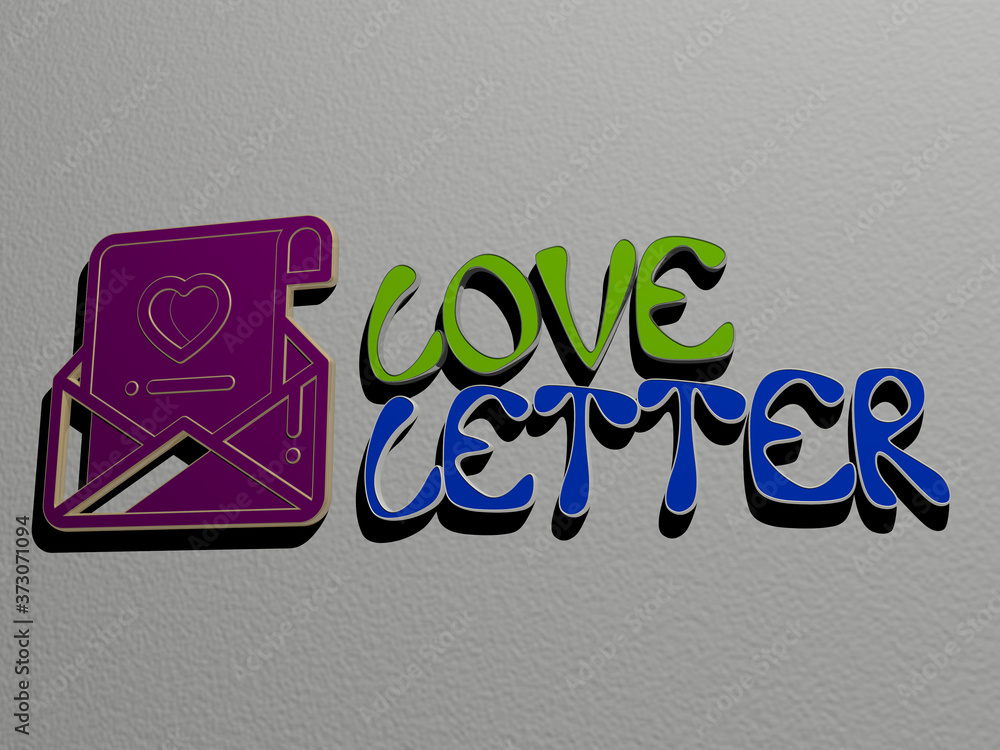 Poster 3d graphical image of love letter vertically along with text built by metallic cubic letters from th