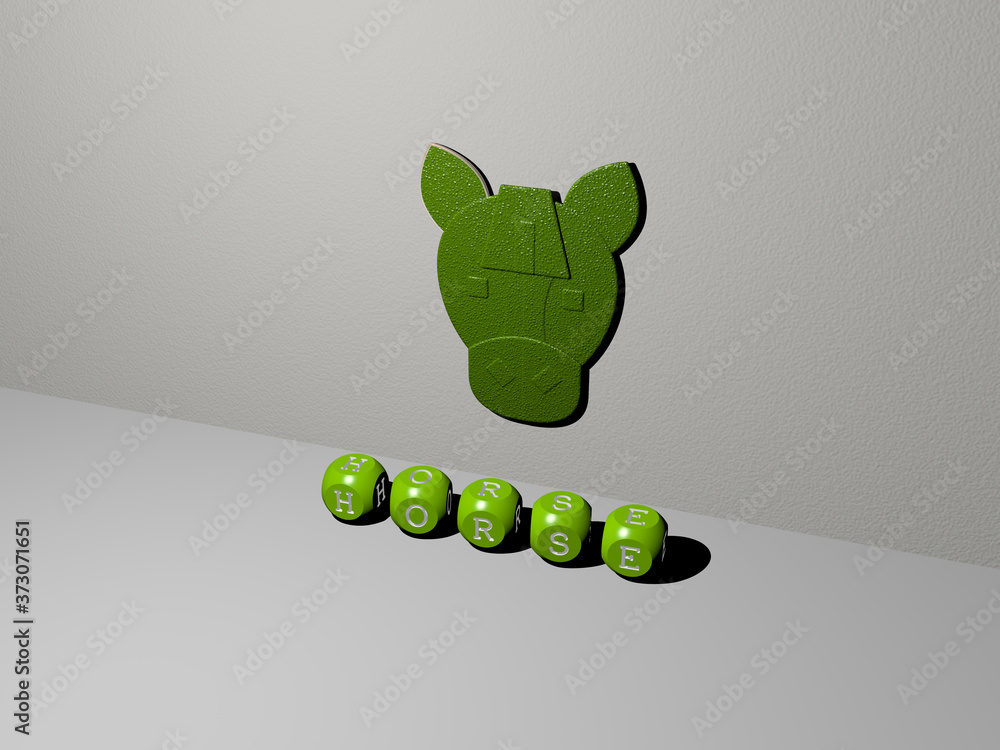 Poster 3d representation of horse with icon on the wall and text arranged by metallic cubic letters on a mi