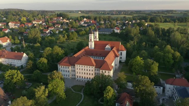 Aerial view flight at Benedictine monastery in Irsee, Diocese of Augsburg, Bavaria, Germany,