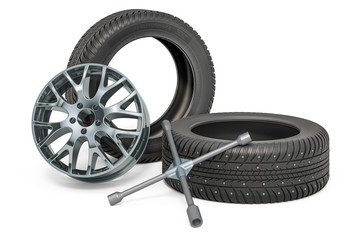 Car tires and rim with lug wrench. Tire Fitting service concept, 3D rendering - obrazy, fototapety, plakaty