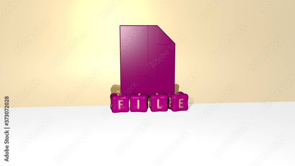 Poster 3d representation of file with icon on the wall and text arranged by metallic cubic letters on a mir