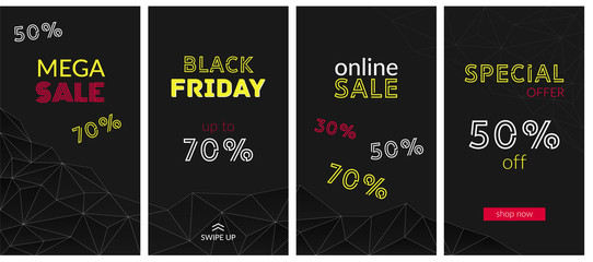 Concept for the day of the big sale Black Friday, big discounts. Vector set vertical web banner for story. Bright inscription, on a dark geometric futuristic background.