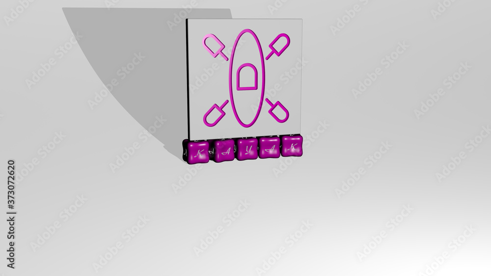 Poster 3d graphical image of kayak vertically along with text built by metallic cubic letters from the top 