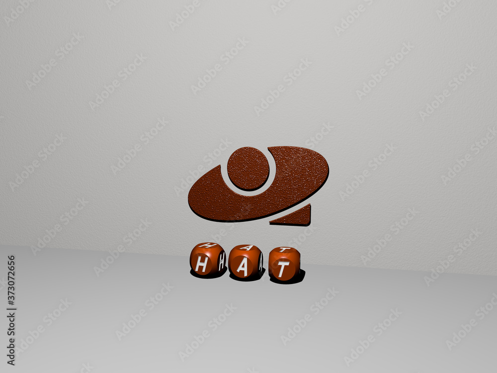 Poster 3d graphical image of hat vertically along with text built by metallic cubic letters from the top pe