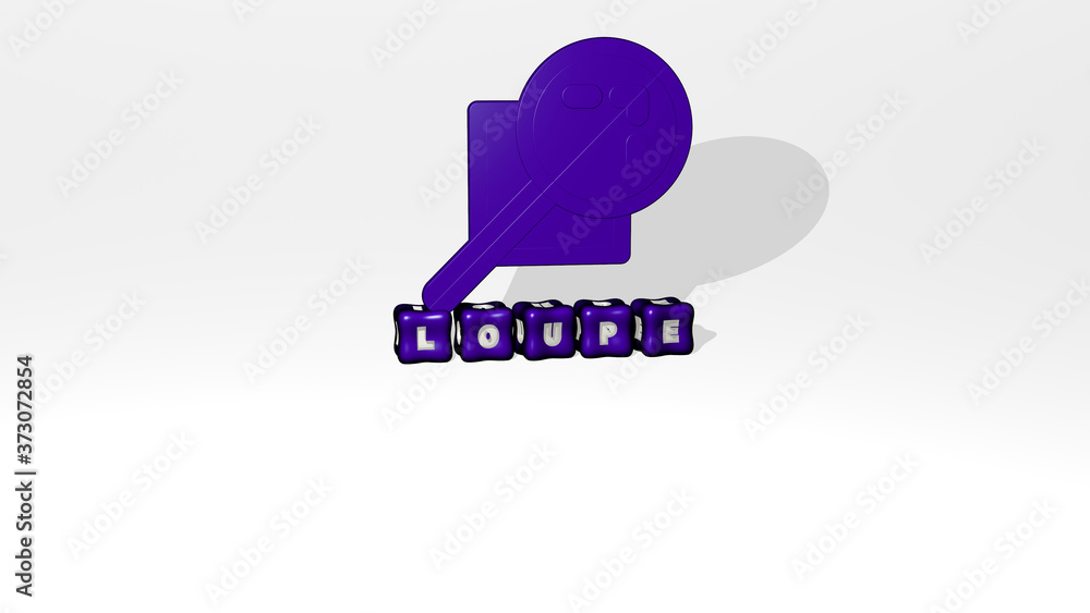 Poster loupe 3d icon object on text of cubic letters, 3d illustration