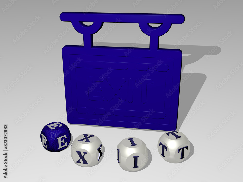 Aufkleber exit round text of cubic letters around 3d icon, 3d illustration