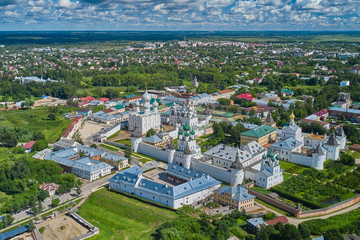 Scenic aerial view of old Assumption Cathedral in Kremlin of Rostov Veliky in Yaroslavl Oblast in Russian Federation. Beautiful summer sunny look of orthodox temple in center of ancient fortress