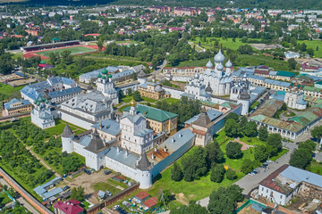 Fototapeta na wymiar Scenic aerial view of old Assumption Cathedral in Kremlin of Rostov Veliky in Yaroslavl Oblast in Russian Federation. Beautiful summer sunny look of orthodox temple in center of ancient fortress