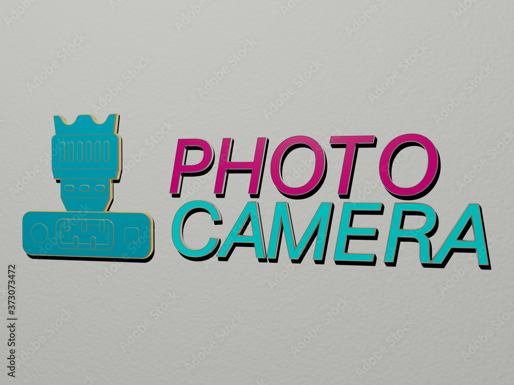 Aufkleber 3d representation of photo camera with icon on the wall and text arranged by metallic cubic letters 