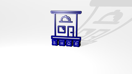 shop 3D icon object on text of cubic letters, 3D illustration