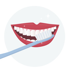 the smile of a person with his mouth wide open and white healthy teeth with a toothbrush. How to brush your teeth properly.  Daily oral hygiene. poster for dental design. Flat illustration