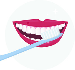 the smile of a person with his mouth wide open and white healthy teeth with a toothbrush. How to brush your teeth properly.  Daily oral hygiene. poster for dental design. Flat illustration