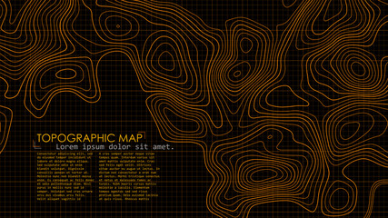 Vector contour topographic map. Orange lines on black background. - obrazy, fototapety, plakaty