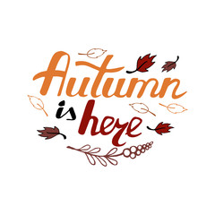 Hand written autumn is here lettering with decor