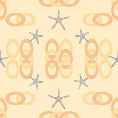 Seamless pattern with hand drawn sea stars on peachy background and peach yellow rings elements.