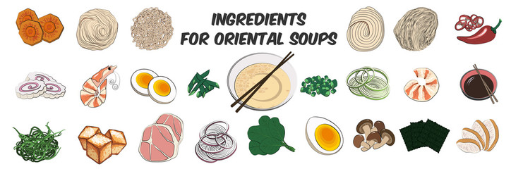 Traditional Japanese or Korean food-a large set of ingredients for traditional Oriental ramen noodle soups. Vector illustration in hand-drawn style on a white background