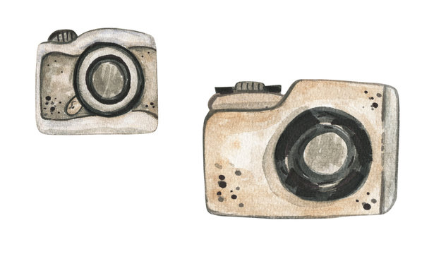 Vintage watercolor camera. Hand Drawn watercolor illustration..Isolated on a white background.