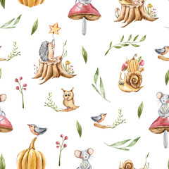 Autumn seamless pattern with snail, owl, hedgehog, berry, yellow oak leaves to create a fabric background, scrapbook paper, kids wallpaper, Halloween greeting card. Perfect for kids textile, clothes