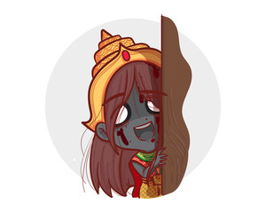 Thai ghost in traditional dress playing peek a boo and say hello or hide and seek isolated on white background with scary halloween concept.