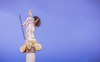 Athena marble statue, the ancient Greek goddess of knowledge and wisdom, space for text