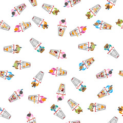 Seamless pattern. People with shopping carts. Top view. Buyers in the store. View from above.