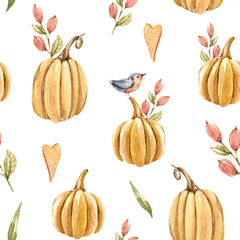 Autumn seamless pattern with pumpkin, bird, berry, yellow oak leaves to create a fabric background, scrapbook paper, kids wallpaper, Halloween greeting card. Perfect for kids textile, clothes