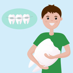 Cute character boy, with braces on his teeth, rejoices in a healthy smile.  Banner for advertising children's dental clinic. Dental care - orthodontic treatment and straightening of teeth. Flat vector