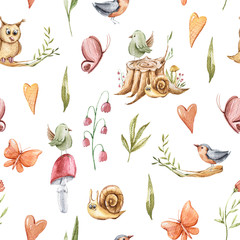 Autumn seamless pattern with snail, owl, butterfly, berry, yellow oak leaves to create a fabric background, scrapbook paper, kids wallpaper, Halloween greeting card. Perfect for kids textile, clothes